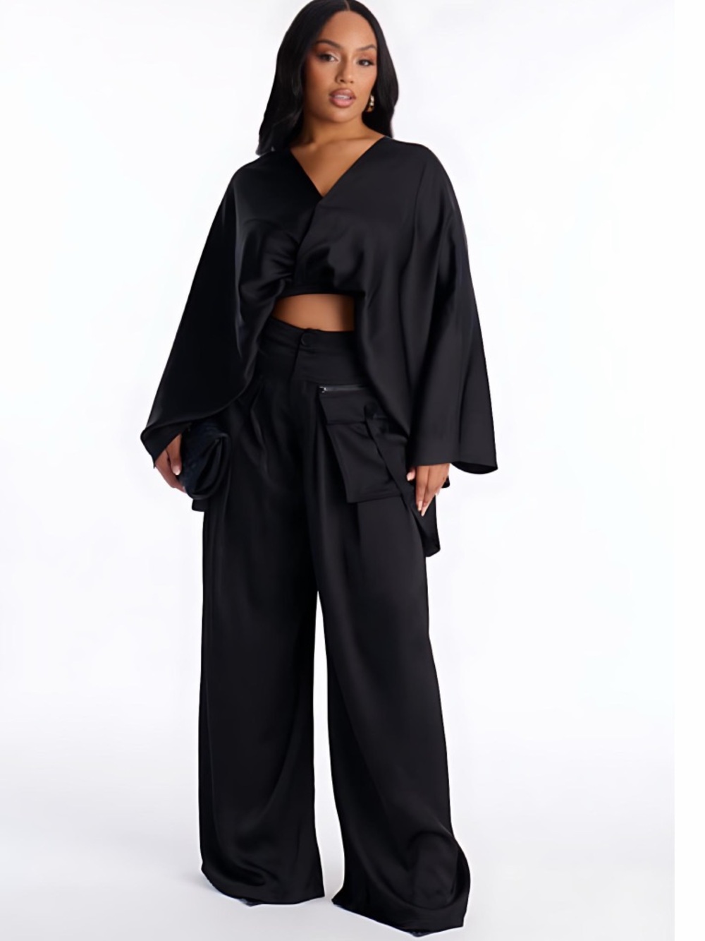 Black Satin Draped Open Back Blouse Size L Dolman Kimono Sleeve Minimalist Goth